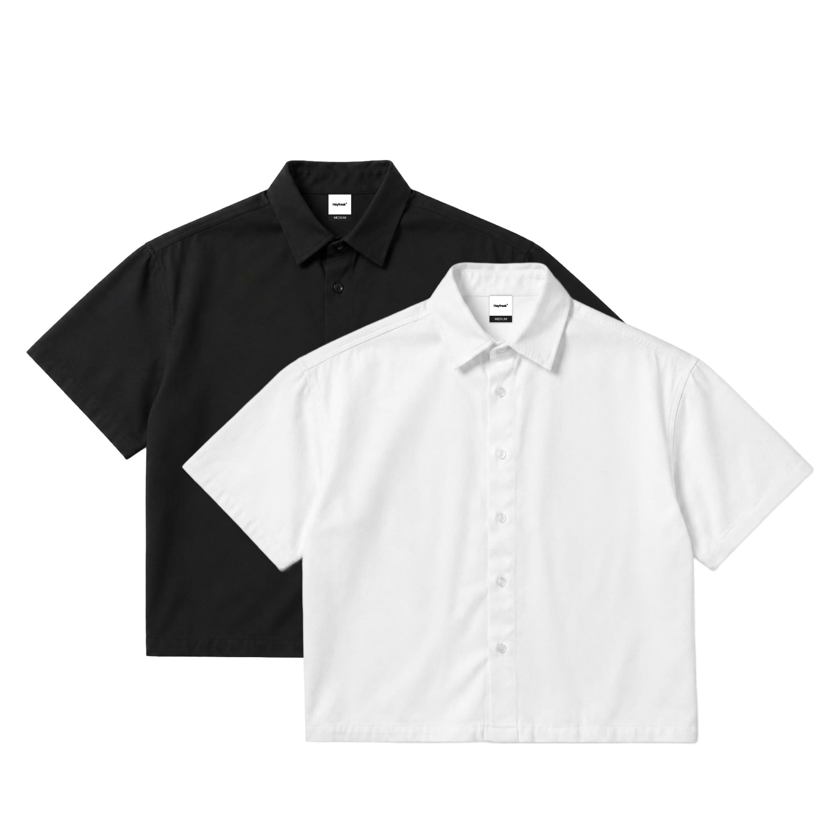 Kemeja boxy HEYFREAK - flat lay hitam dan putih