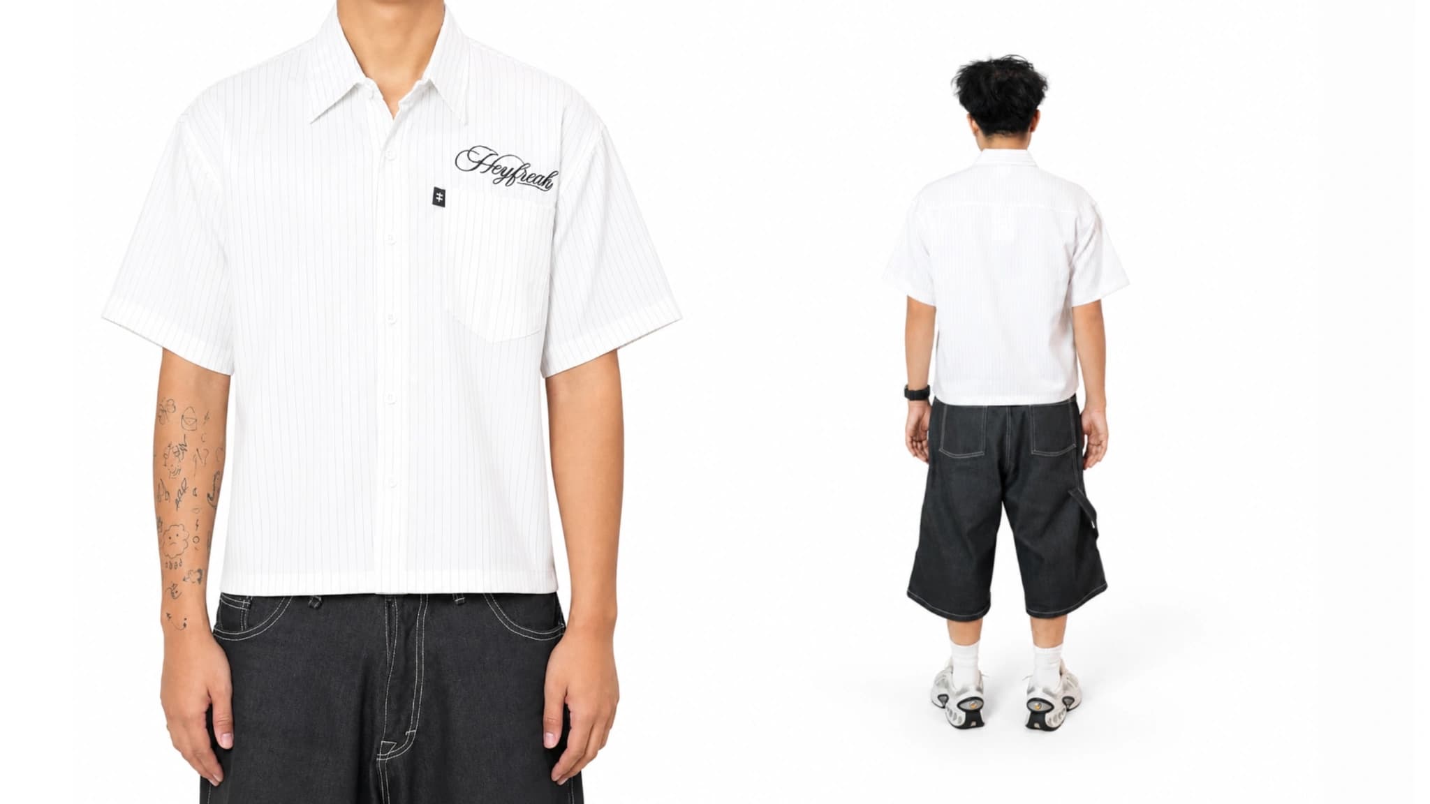 Model streetwear HEYFREAK mengenakan kemeja boxy hitam